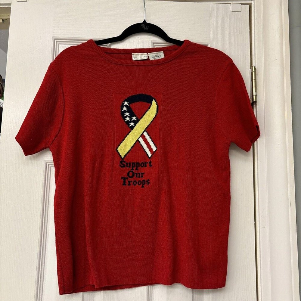 Vintage White Stag Support Our Troops Red Short Sleeve Sweater Women's Sz M